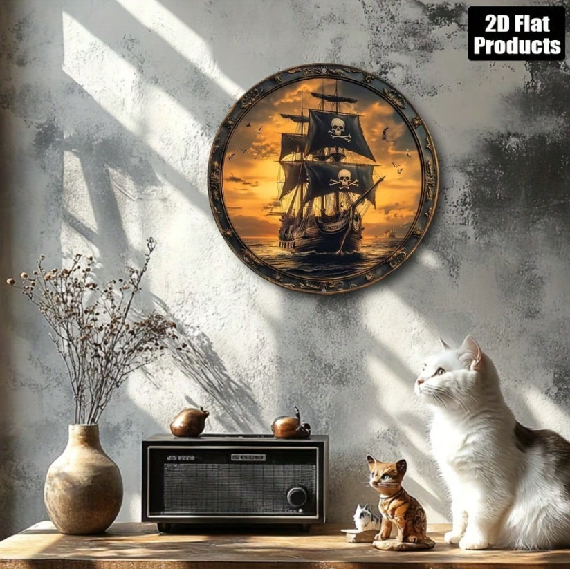 2D Flat Vintage Pirate Ship Wall Art Theme, Round Aluminum Metal Decorative Pla
