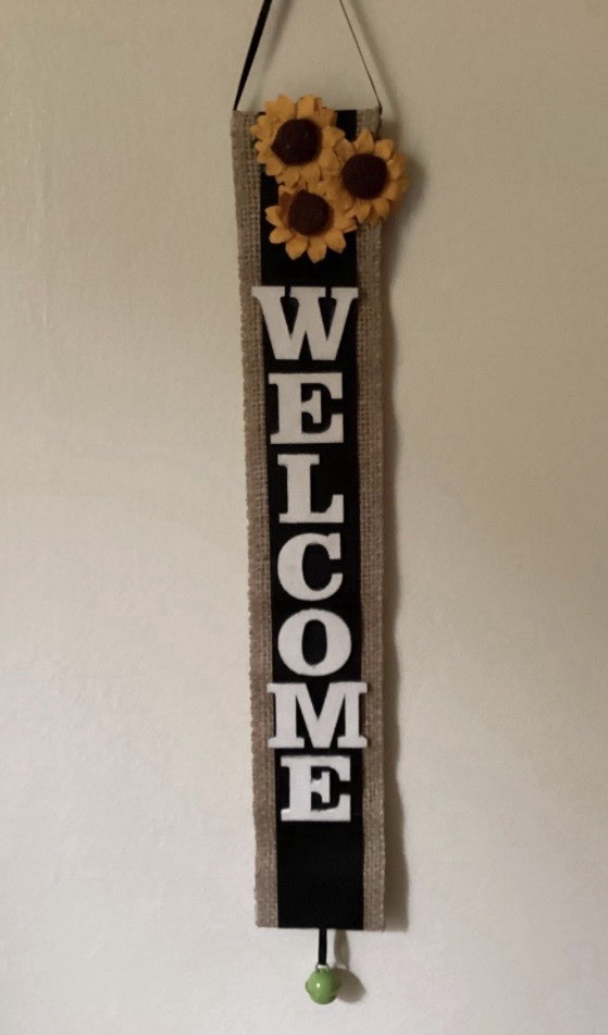 Welcome Door Hanger Sign, Burlap & Grosgrain Ribbons, Sunflower, Handcrafted