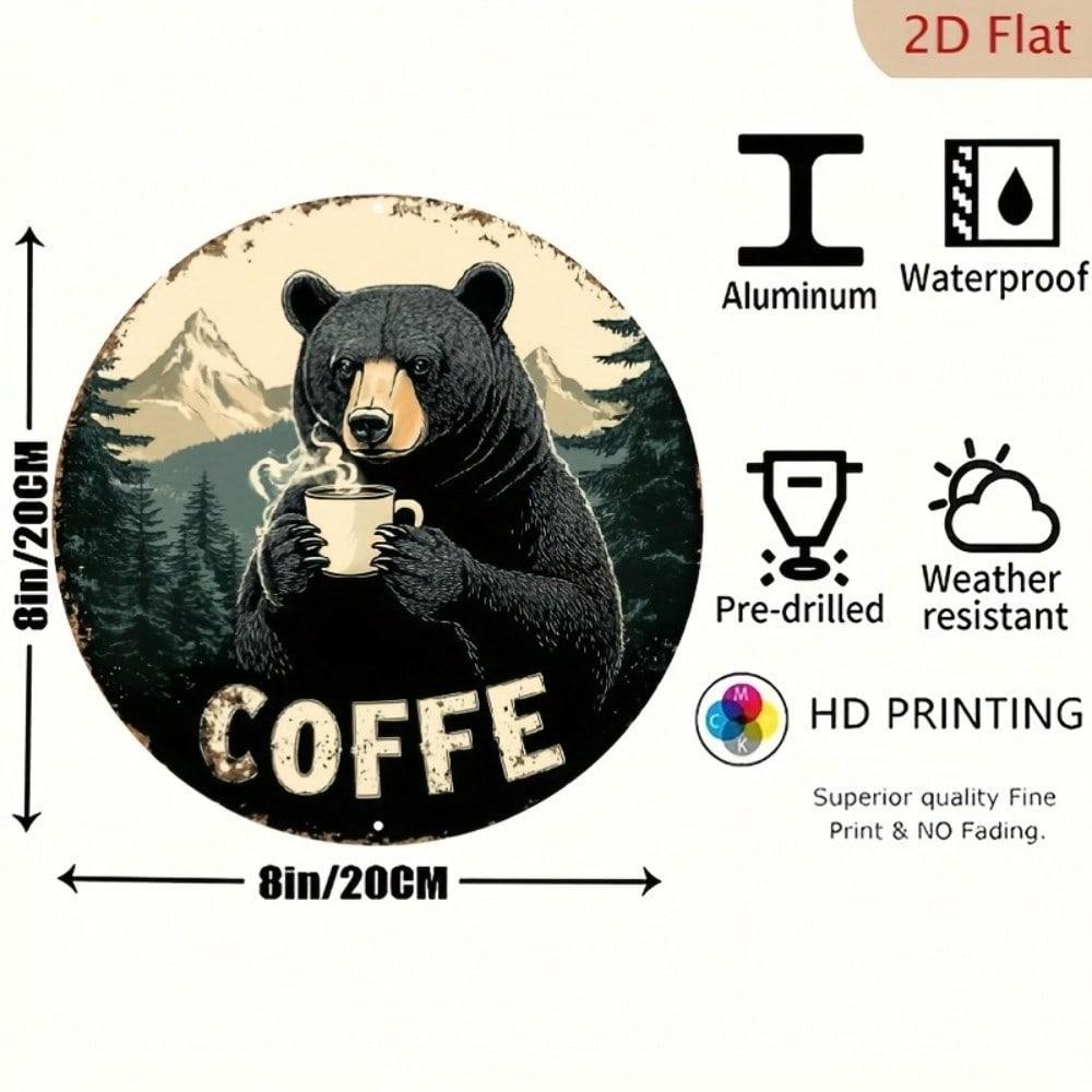 Vintage 8×8 Round Tin Sign Black Bear Coffee Retro Rustic Wall Art for Kitchen