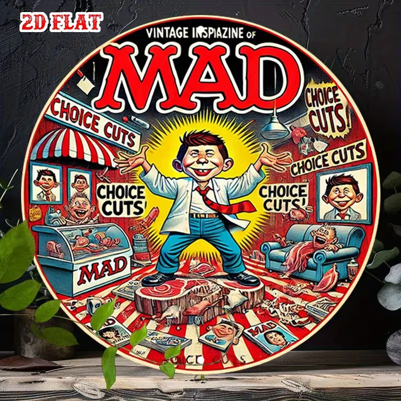 Magazine Aluminum Metal Tin Sign, Cuts Round Aluminum Sign, MAD Character Rustic
