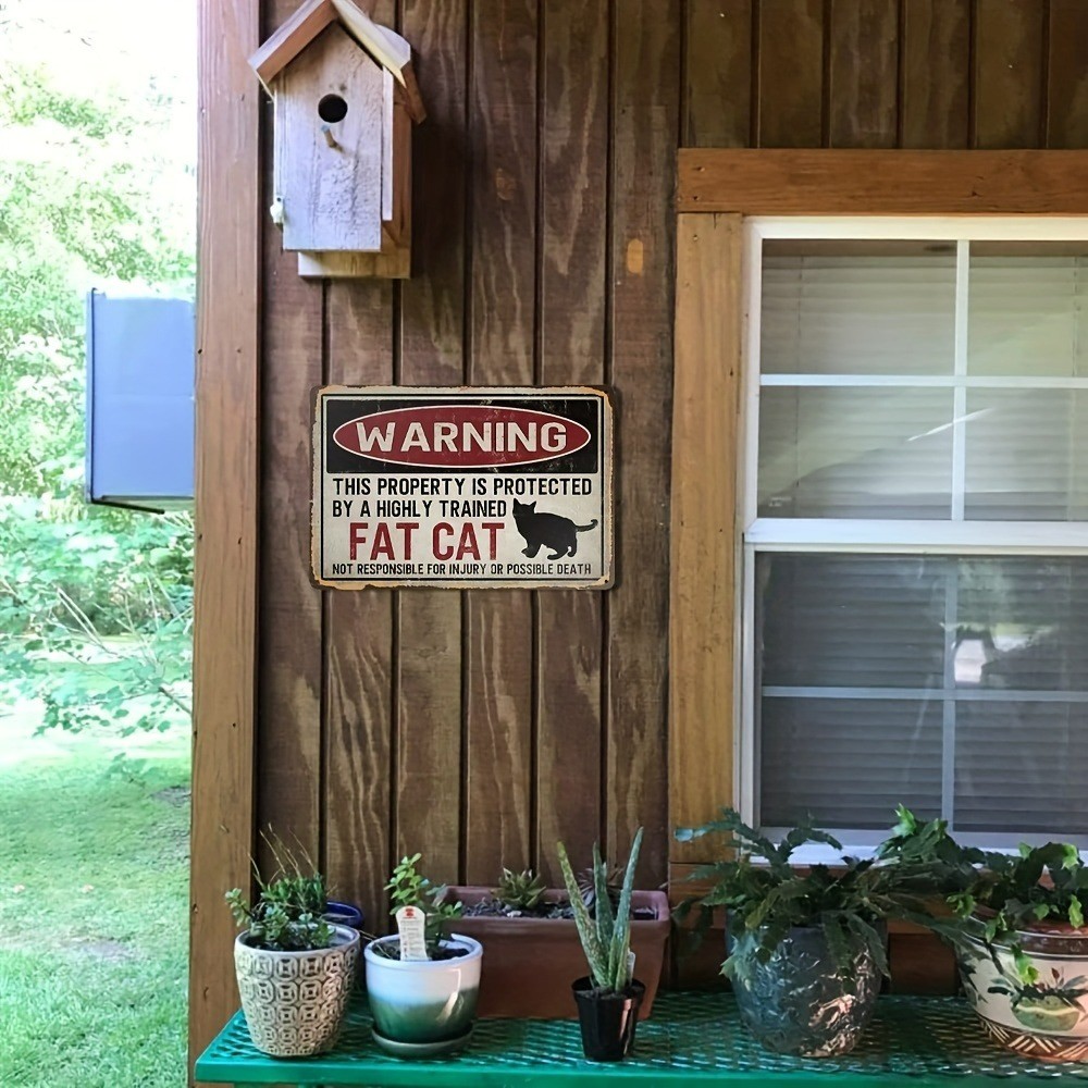 Vintage Fat Cat Metal Sign Warning Fat Cat Protected Property Tin Sign Funny Art