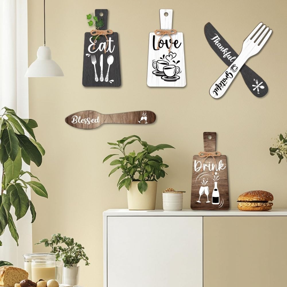 6pcs Kitchen Wall Decor Start Drink Sign Set Wood Pendant Accessories Mini Wo…