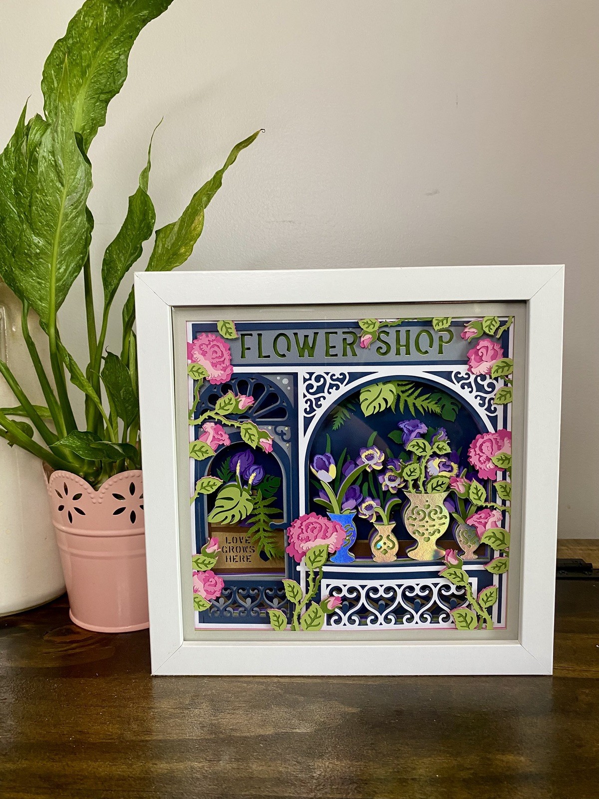 3D Flower Shop Plants Botanical Shadow Box 8×8 Gift Wall Art Handmade Decor