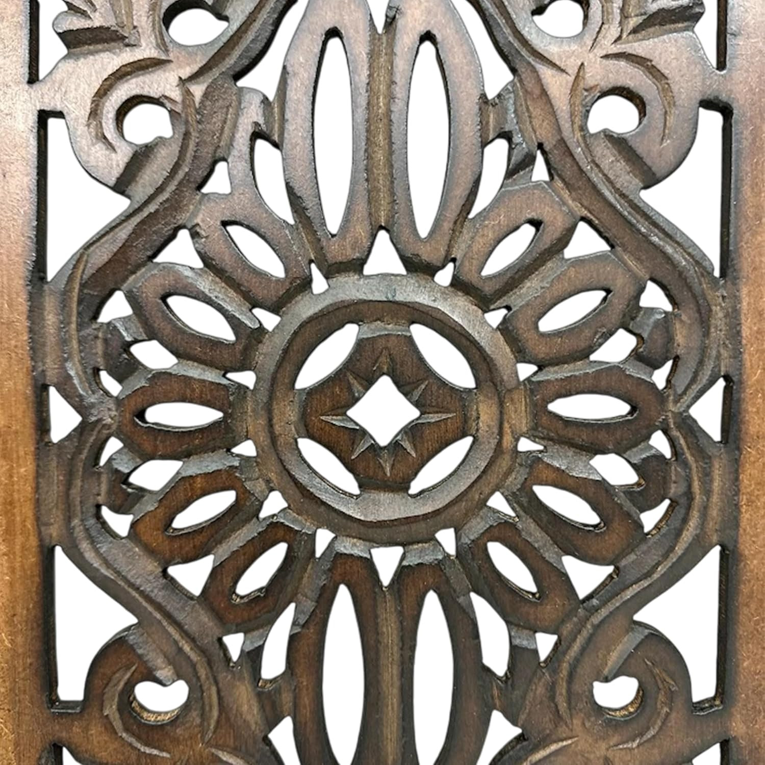 Floral Hand Carved Wooden Wall Panels Set of 2, Rustic Brown Decorative Wall Art