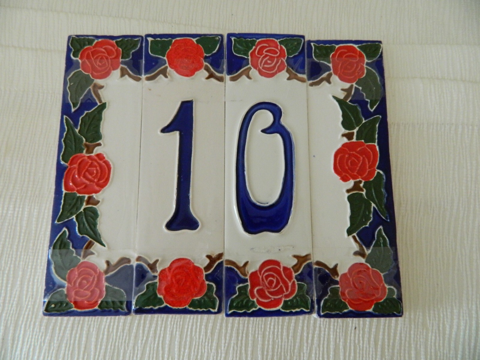Ceramic HOUSE UNIT NUMBER TILES No 10 Red Roses Enamel Pattern Blue & Green 4pcs