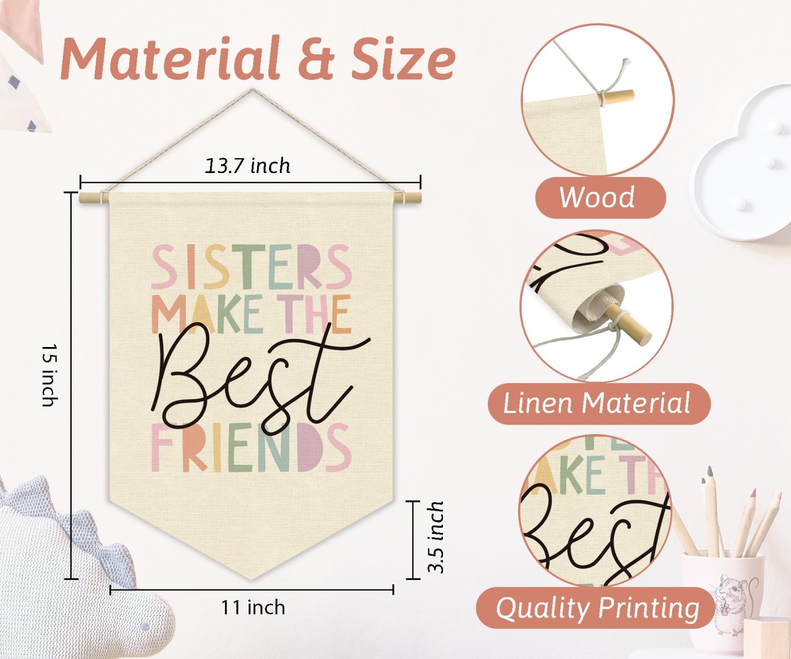 Wall Decor, Pink Art, Sisters Banner, Beige