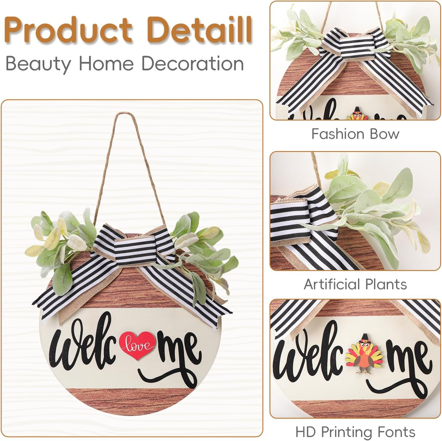 Interchangeable Seasonal Welcome Sign Front Door Decoration Rustic round Wood Wr