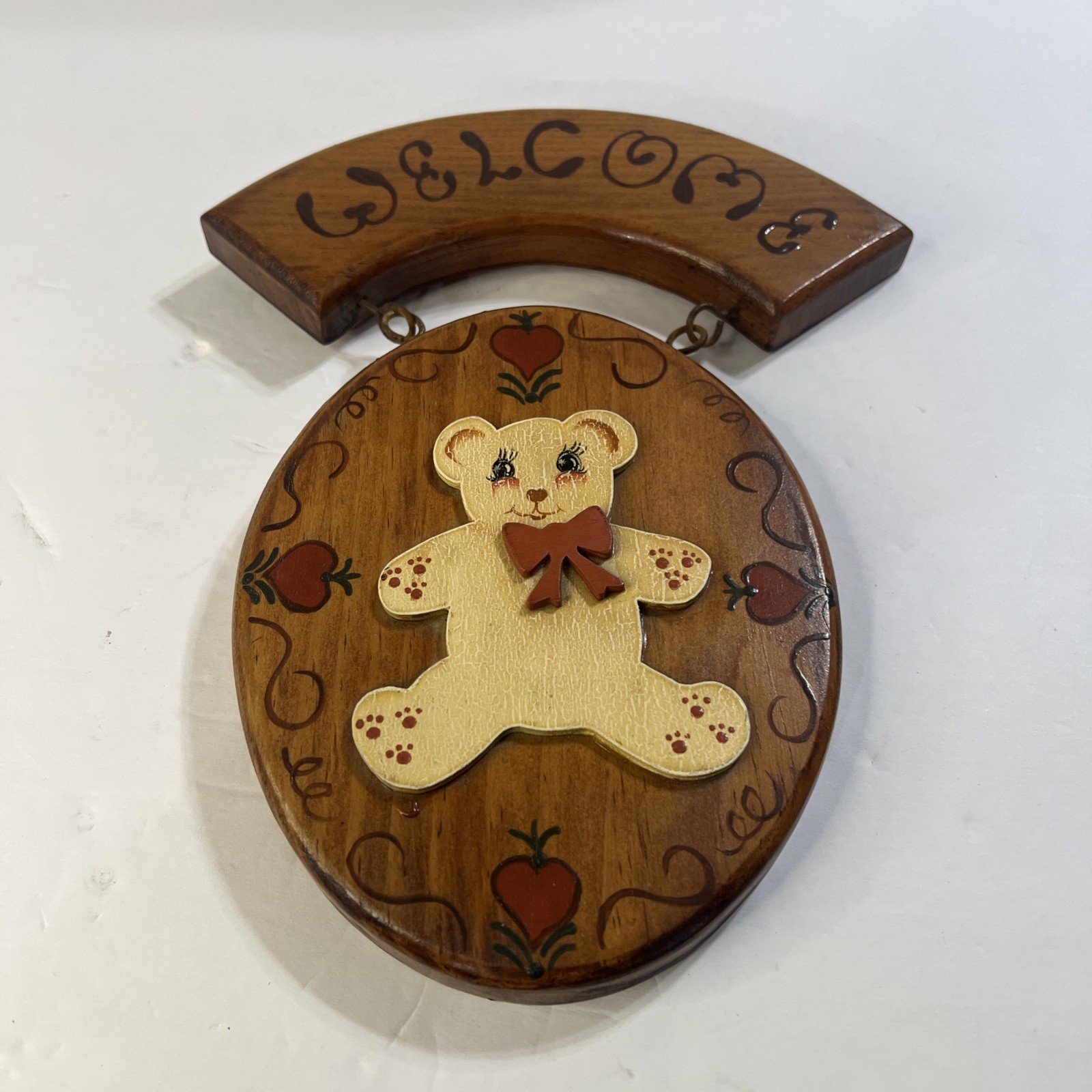 Welcome Sign Teddy Bear Wood Wall Door Gate Plaque Vintage Rare