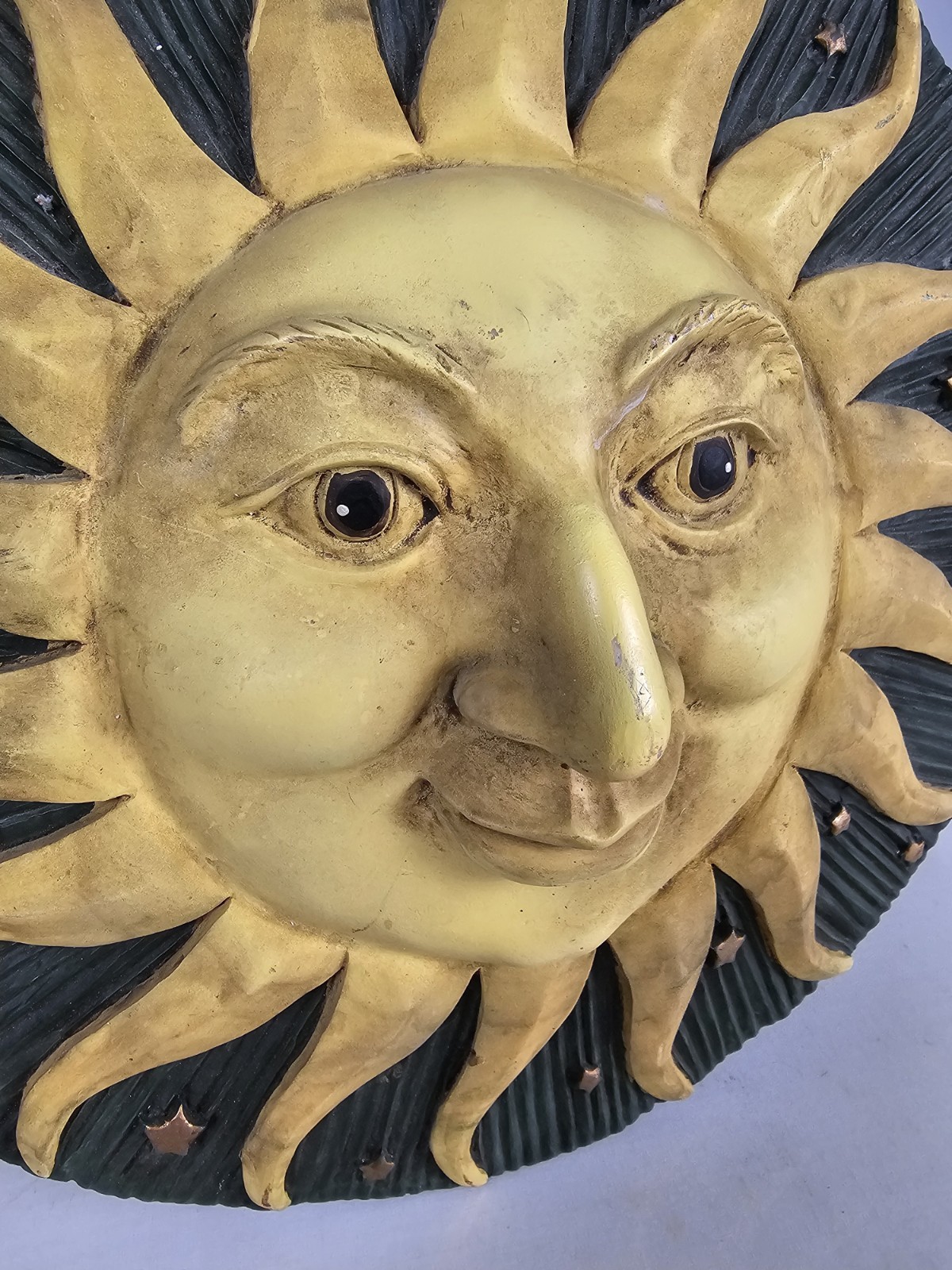 Vintage Sun Face Wall Decor 12” Round Celestial Plaque Gold Green Rustic Boho