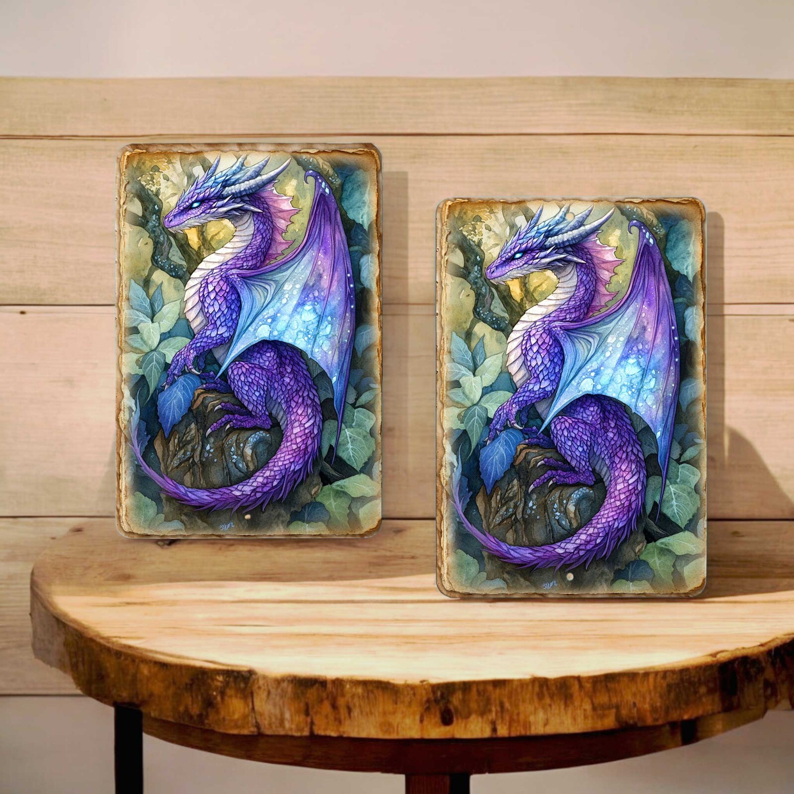 Purple Forest Dragon Metal Sign – 8×12 Fantasy Wall Art with Leaves & Foliage