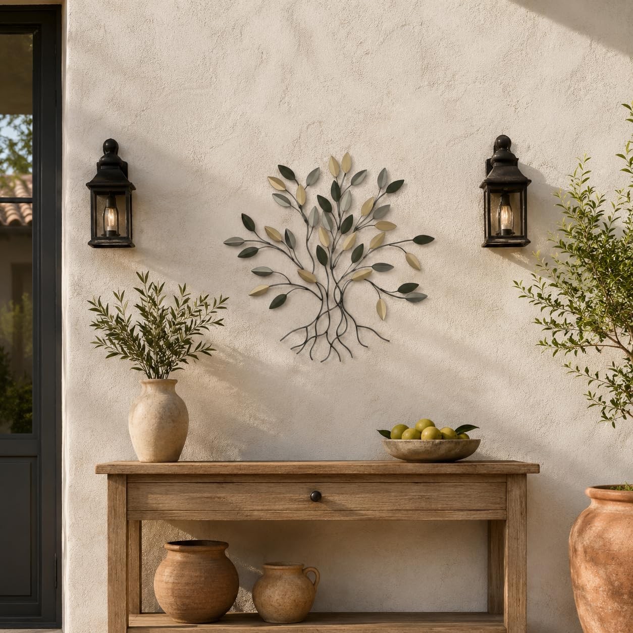 16″ Green and Gold Tree of Life Metal Wall Art, Rustic Home Decor Leaf Sculpture