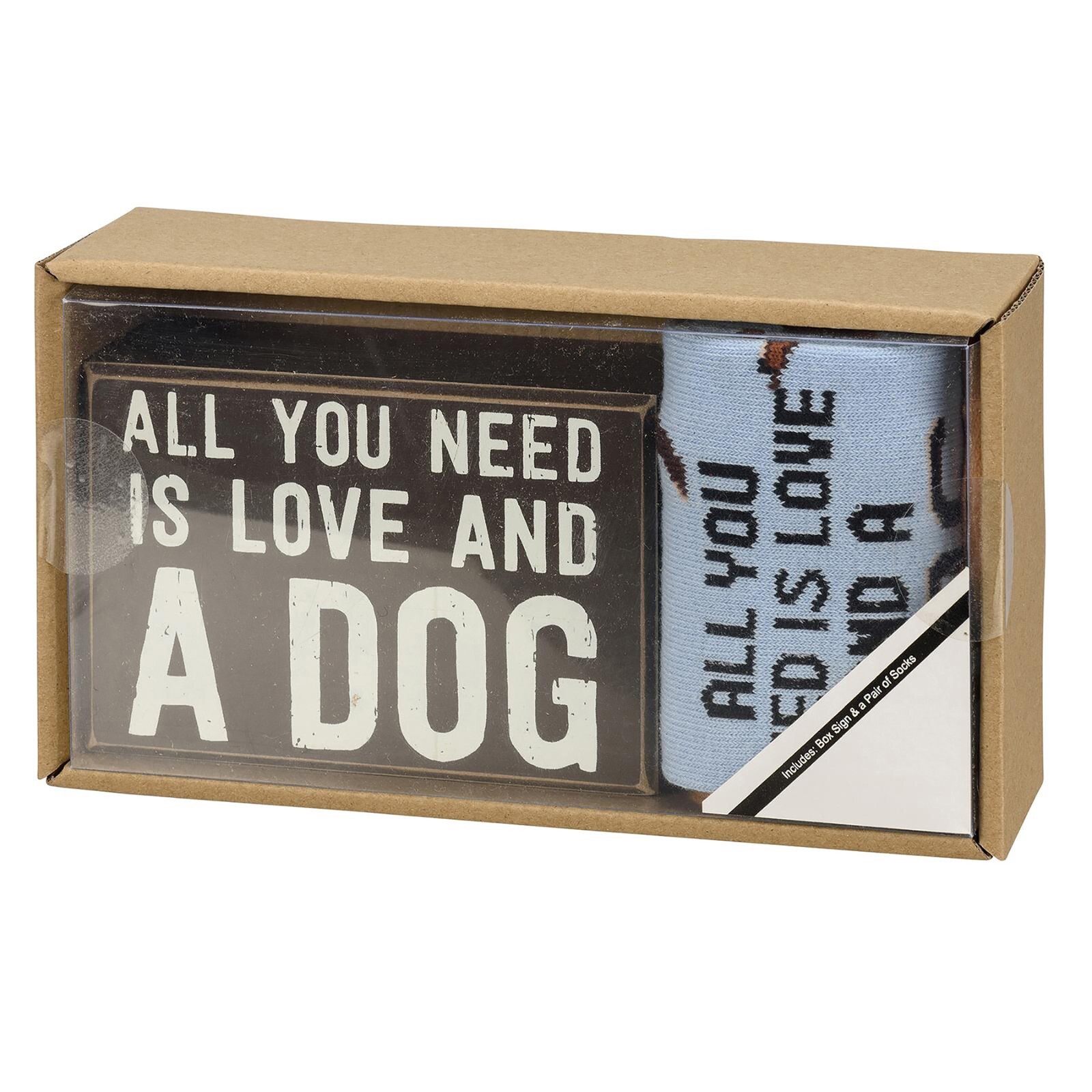 Primitives By Kathy Box Sign & Sock Set All You Need Is Love and A Dog NEW