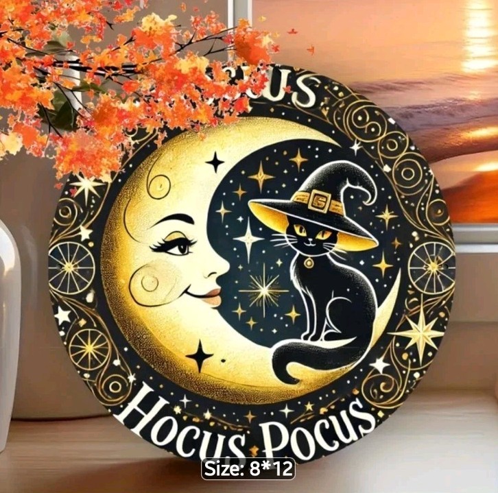 Hocus Pocus Black Cat Moon 8″ Round Metal Wall Art Sign Halloween Decor