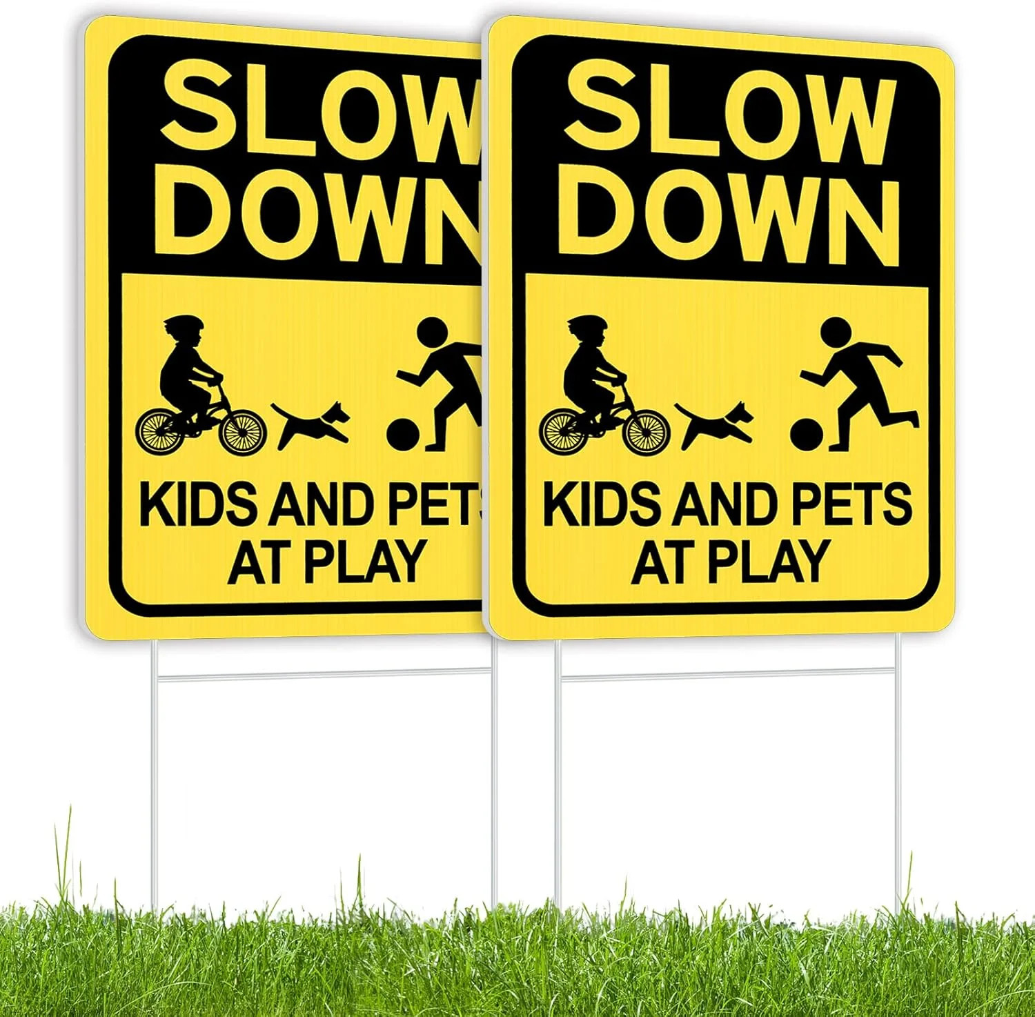 2 Pack Kids & Pets at Play Yard Signs 16×12 Metal Stakes Safety Double Sided