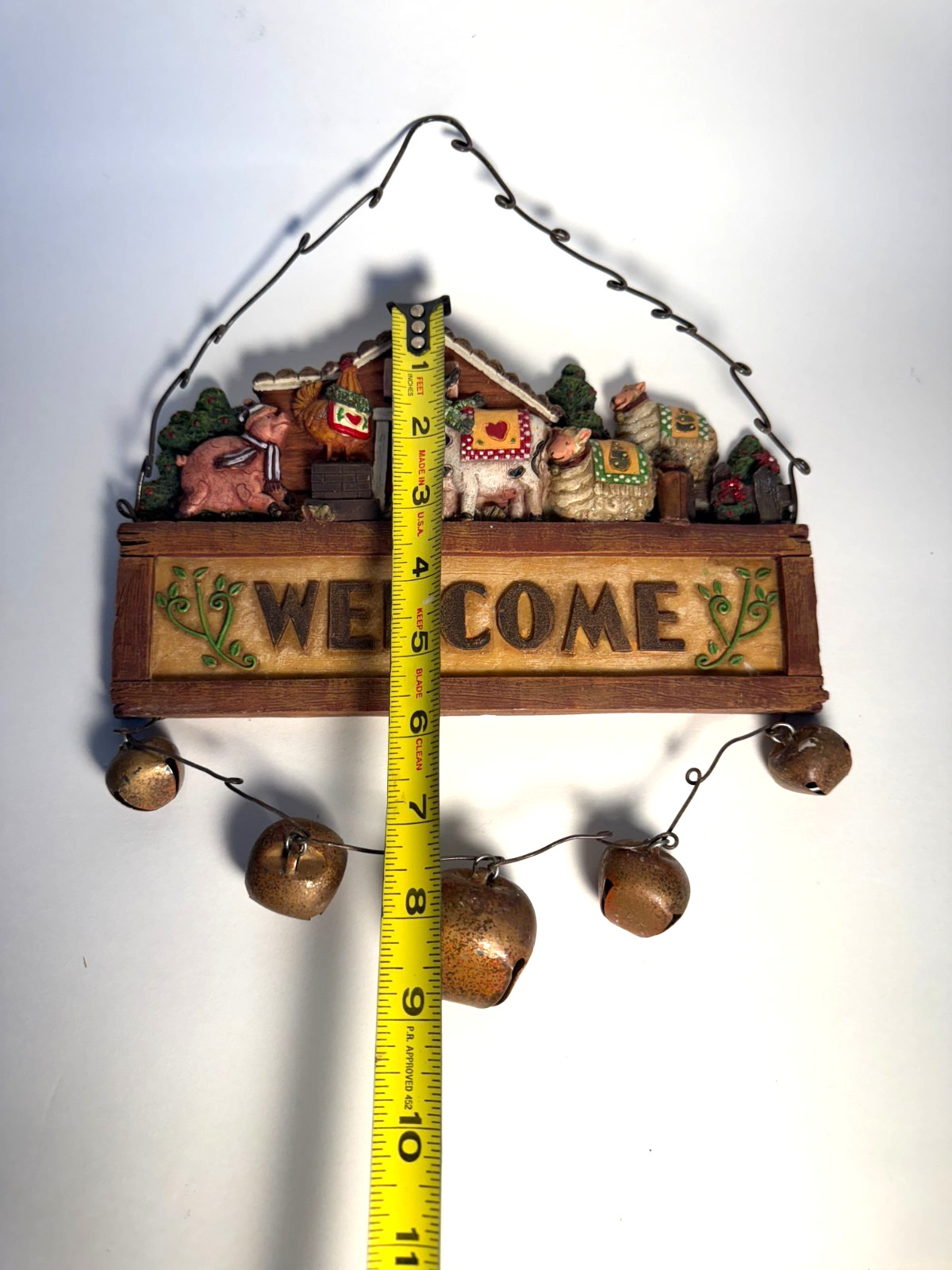 Holiday Farm Animal “Welcome” Rustic Country Farm Sign Hanging With Bells 9.25″