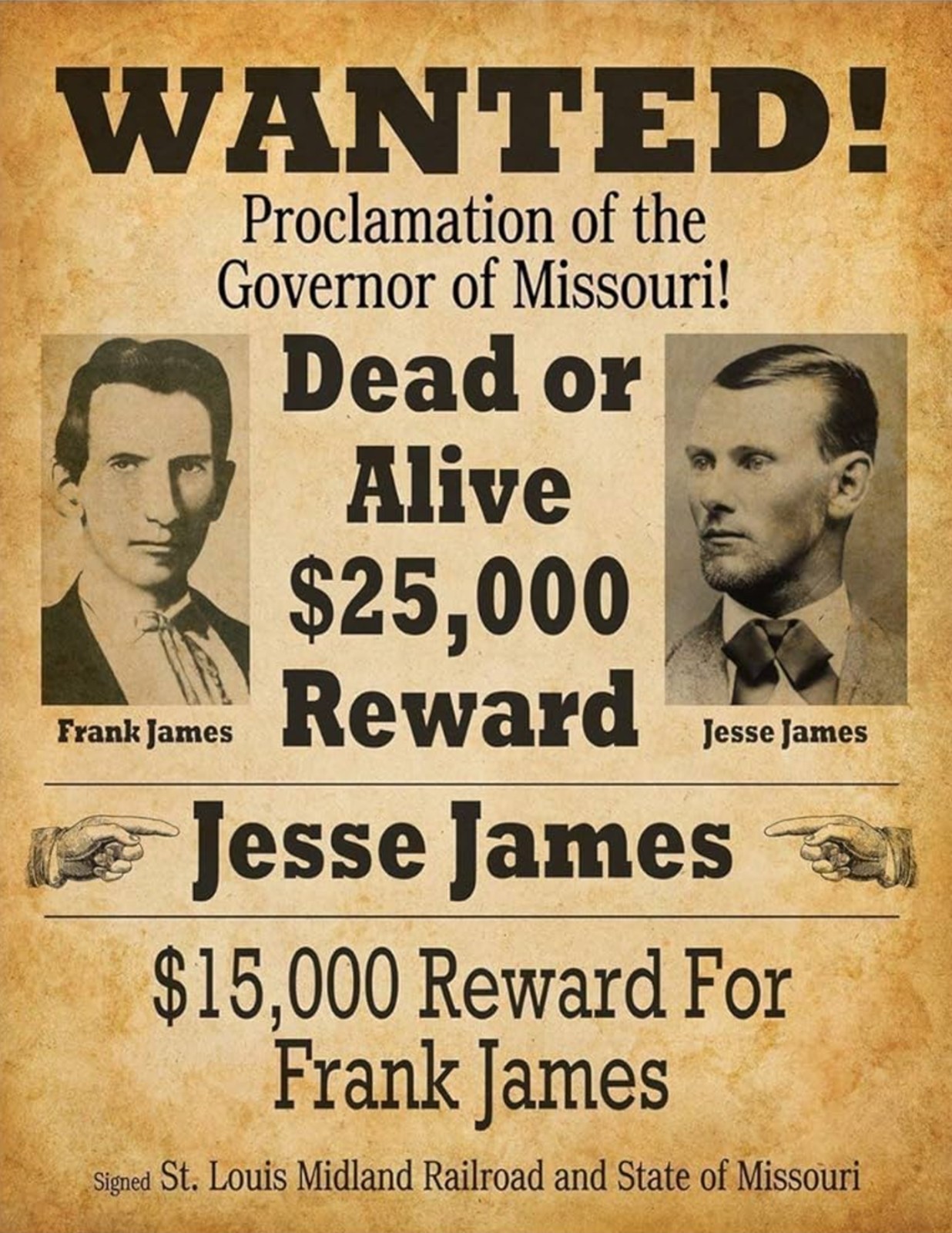 Wanted Poster Jesse James & Frank James 8.5 x 11 Collectable Digital Print