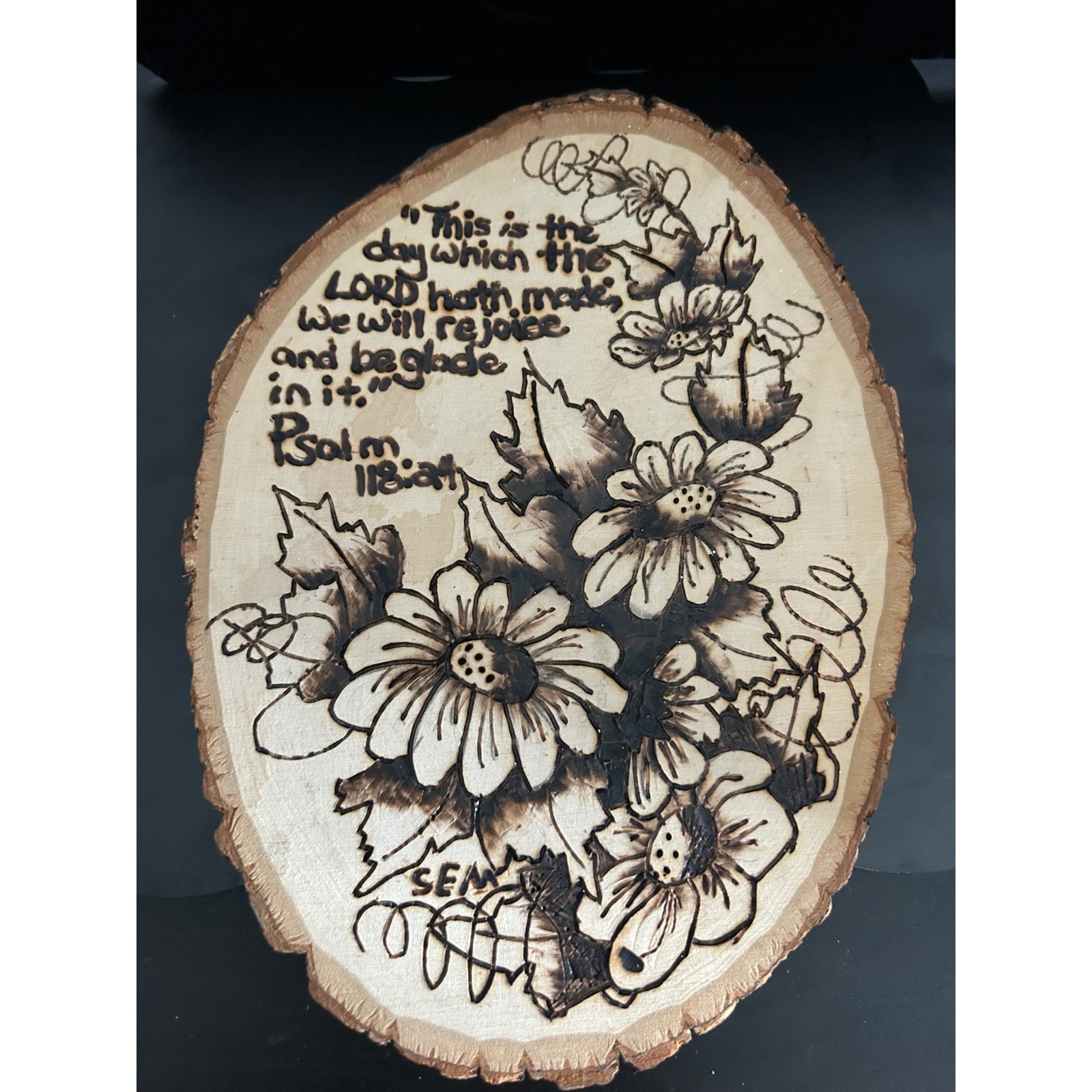Wood Burned Wall Art Unisex Tan Good Psalm 118:24 Floral Live Edge Plaque