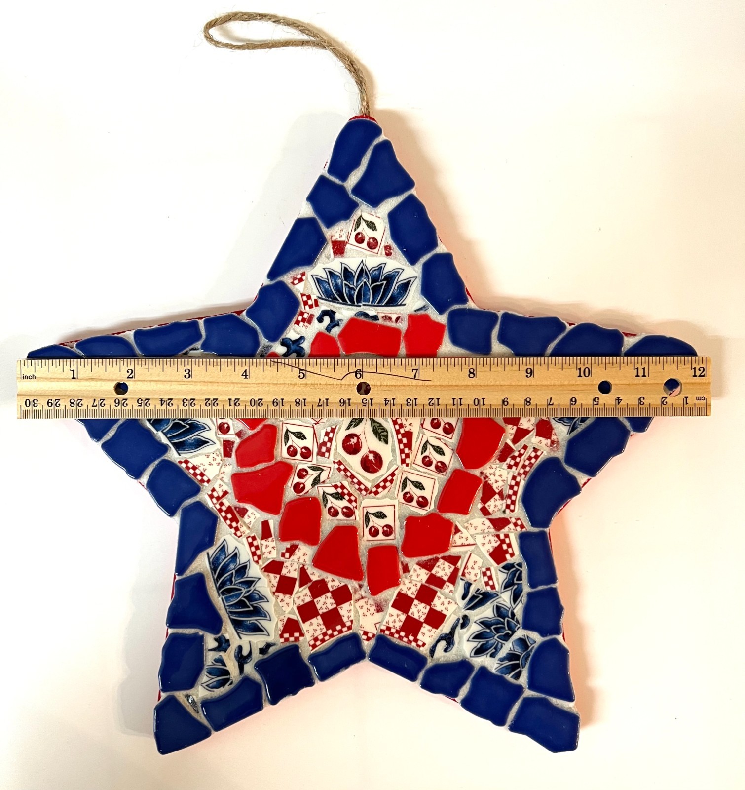 Handmade Mosaic Glass & Broken China Patriotic Red White Blue Star Wall Decor