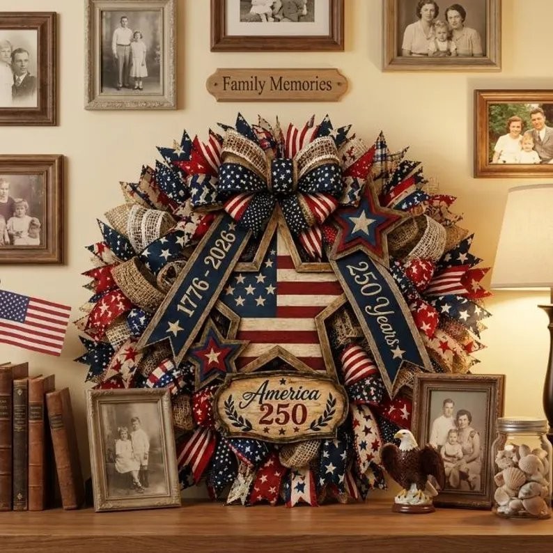 America 250th Years Wooden Wreath, Patriotic Eagle Door Sign, 2D Printed