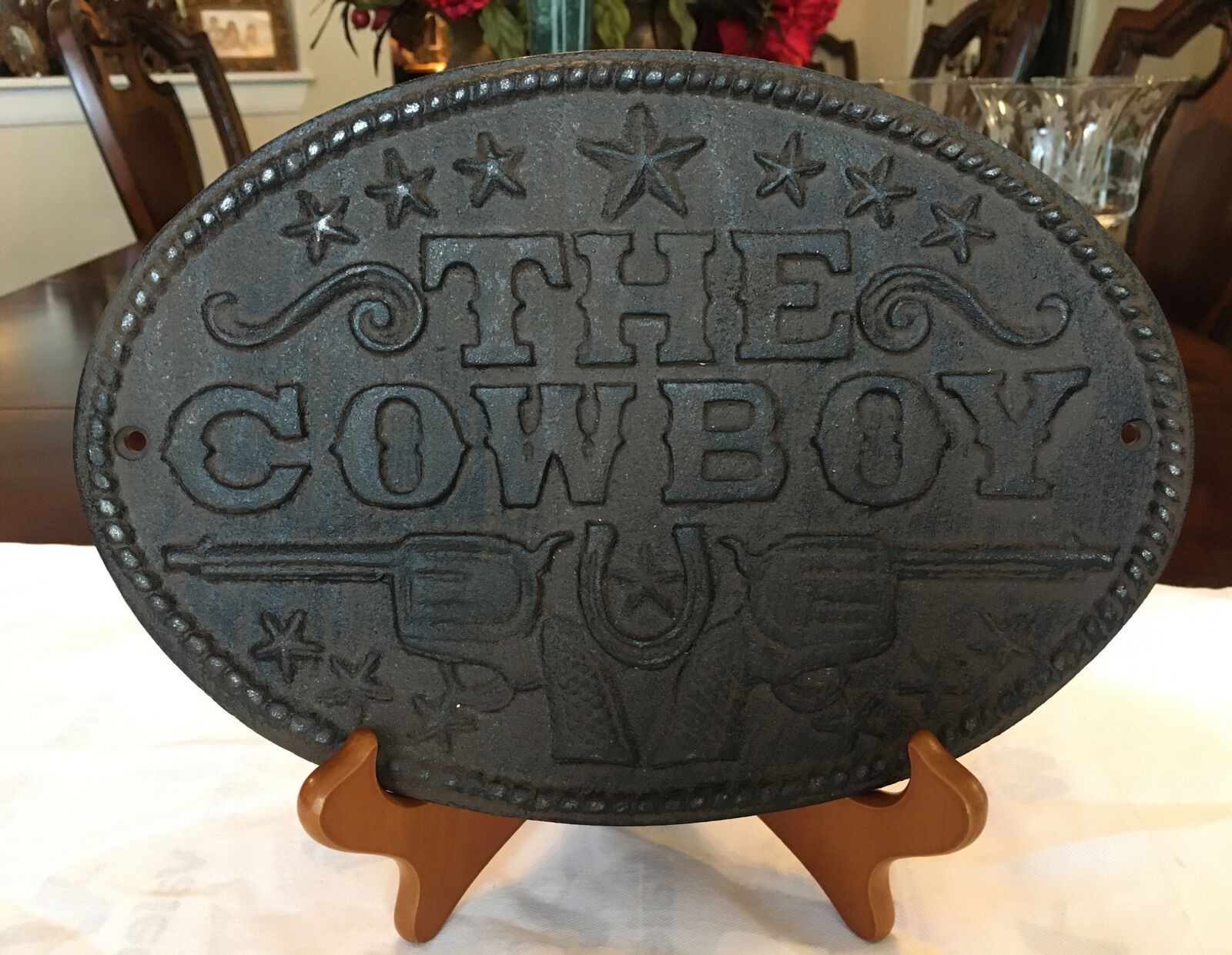 Vintage Cast Iron Cowboy Plaque Sign Rustic Weights 3 pounds