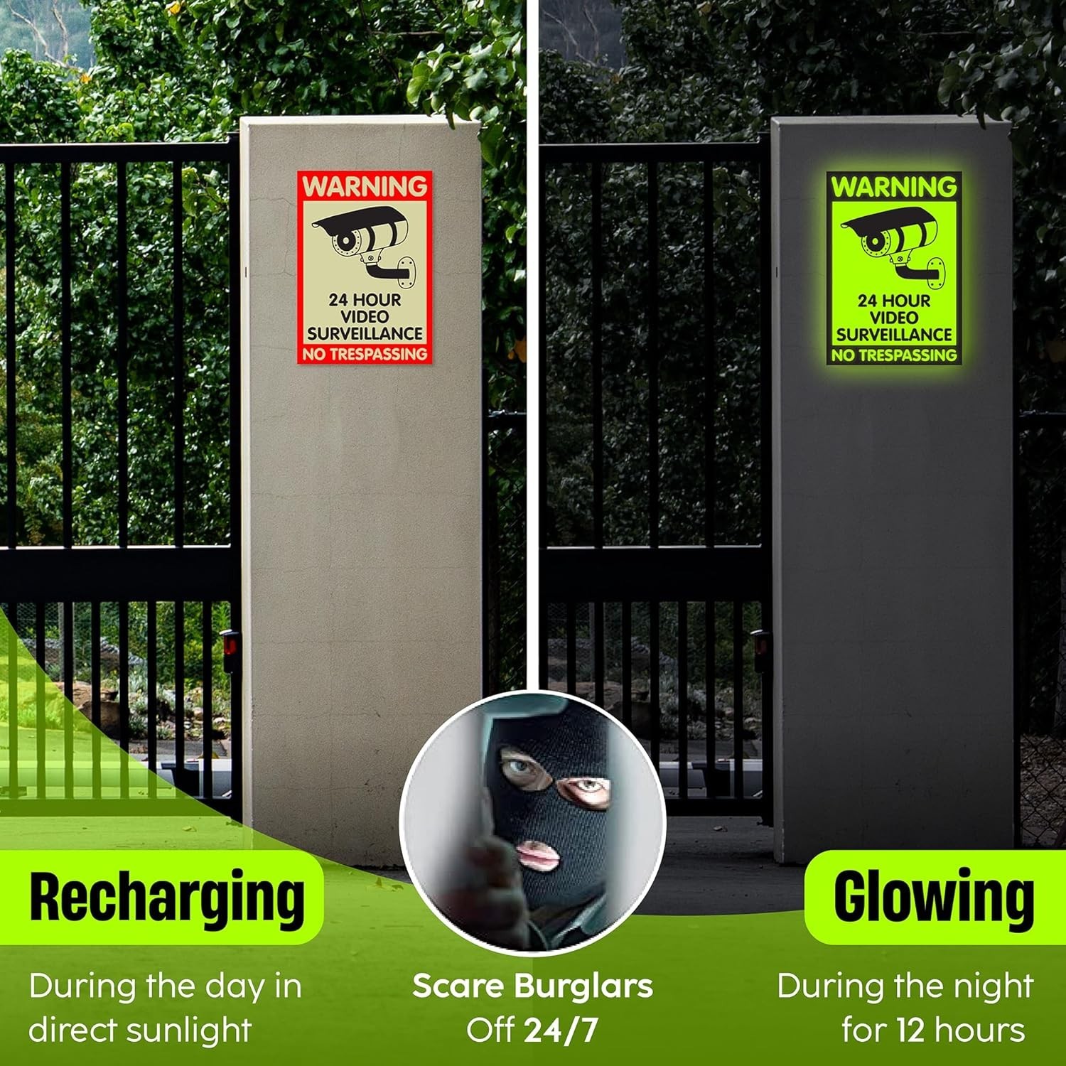 Solar-Powered Glow In The Dark Security Sign – 3.9″ x 2.3″ Waterproof Aluminium