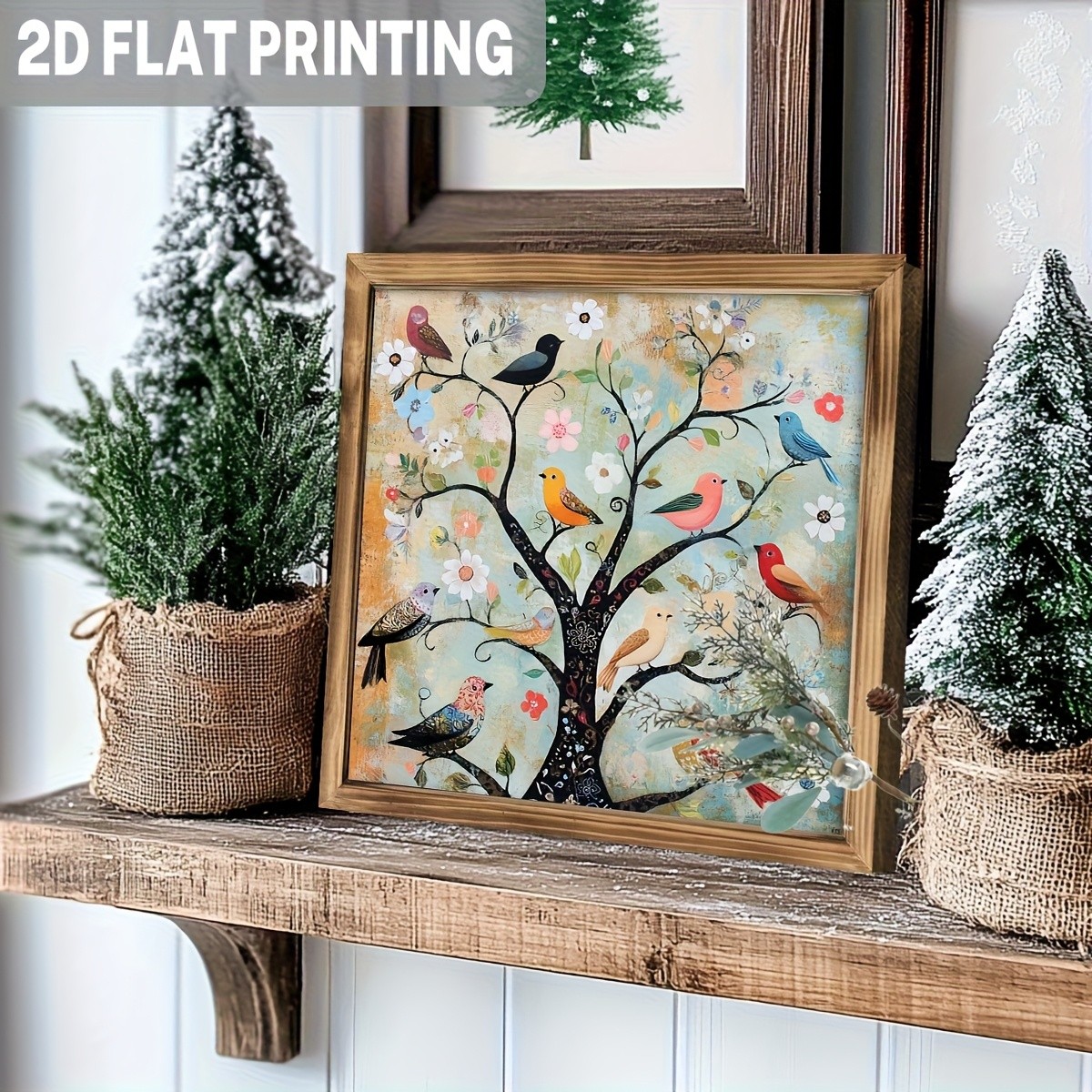 Colorful Bird Tree Wooden Framed Art Plaque Sign Rustic Farmhouse Home Decor