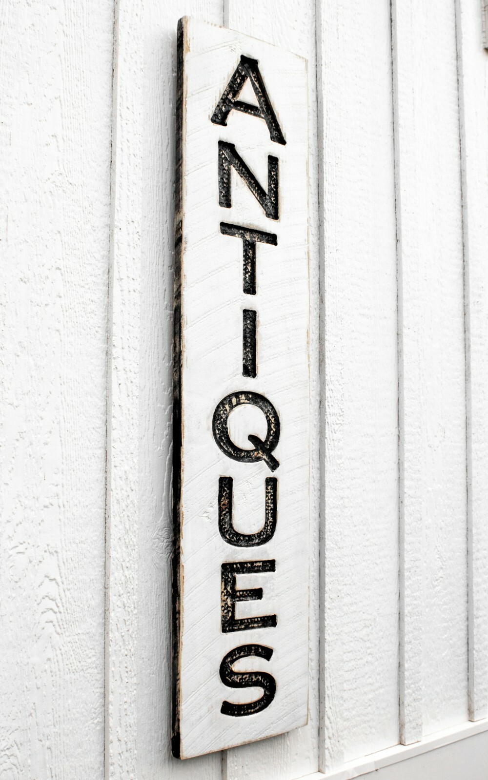 Vertical Antiques Sign – Carved in a Solid Wood Board Rustic Distressed