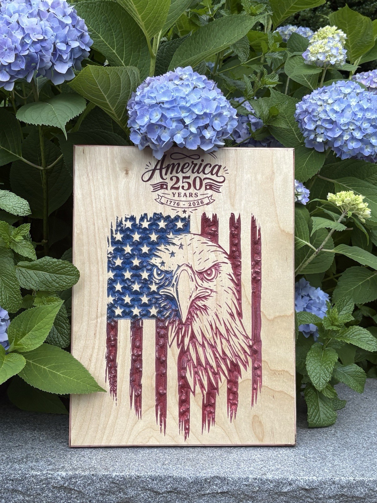 America 250 Years 1776-2026 Carved Wood Plaque Bald Eagle American Flag Decor