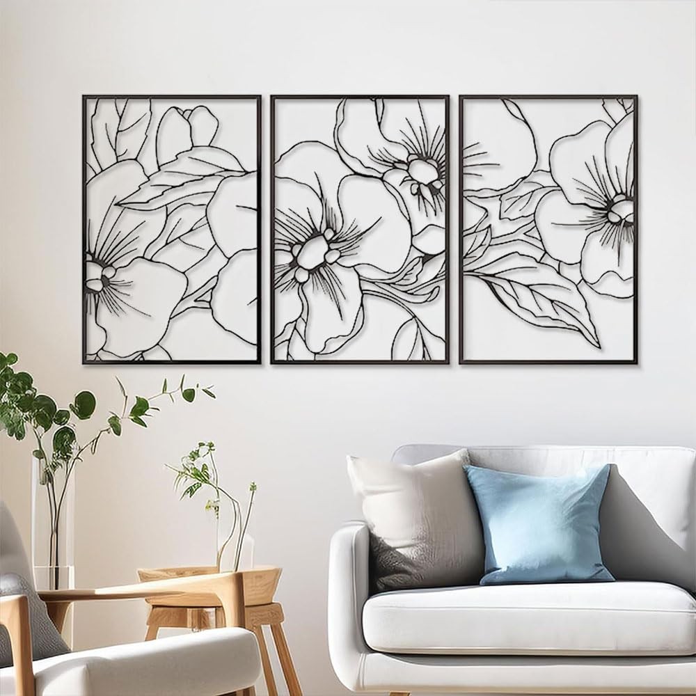 3 PCS Black Metal Flowers Wall Decor Minimalist Line Art Floral 12×18 Inch