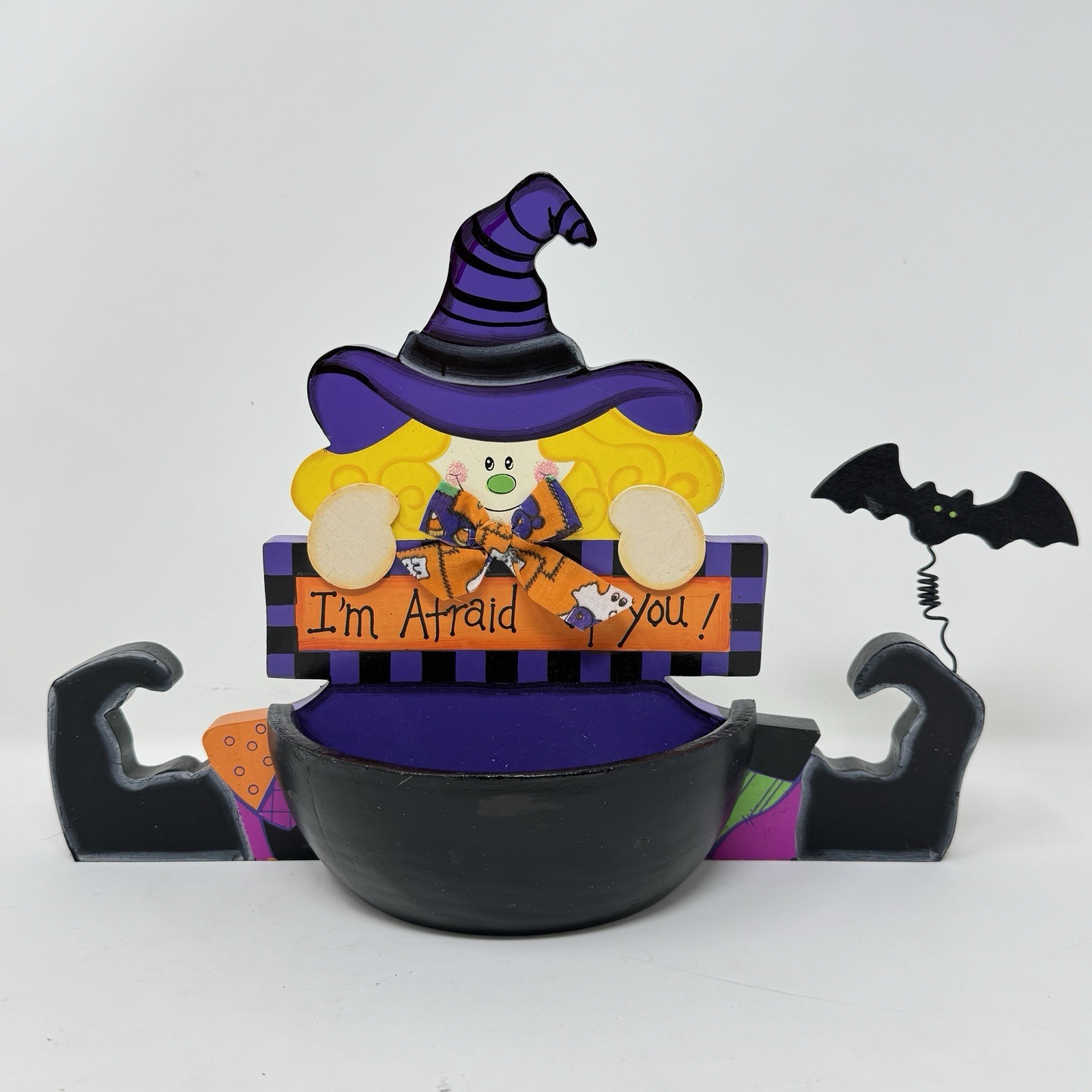 Witch Bat Halloween Wooden Candy Bowl Lightweight Colorful Home Decor Sign