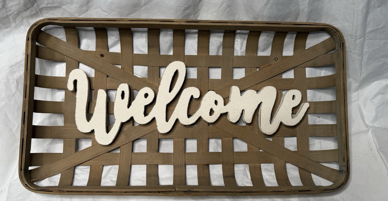 Rustic Farmhouse Welcome Bamboo Basket Weave Wall Hanging Sign 19 Inch Vintage