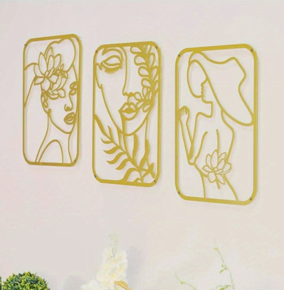 3Pcs Gold Metal Wall Art Set Abstract Female Face Line Art Wall Decor Bedroom