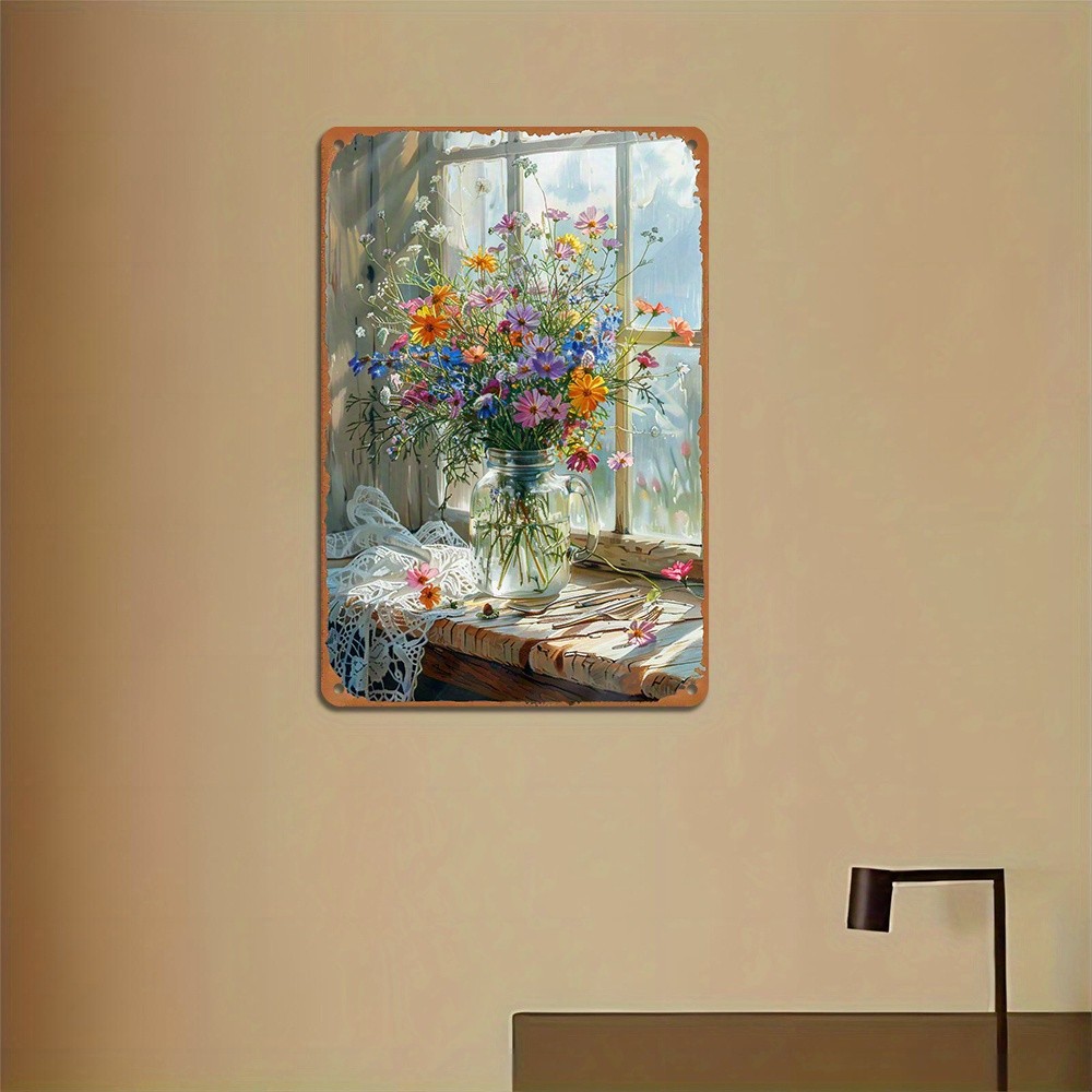 Vintage Wildflower Vase Metal Sign Rustic Home Living Room Wall Hanging Decor