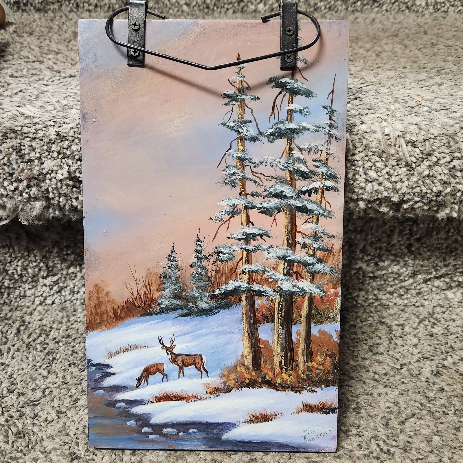 Hand Painted Signed Alice Anderson Wall Plaque Wildlife Deer In Woods 9-7/8 X 6″