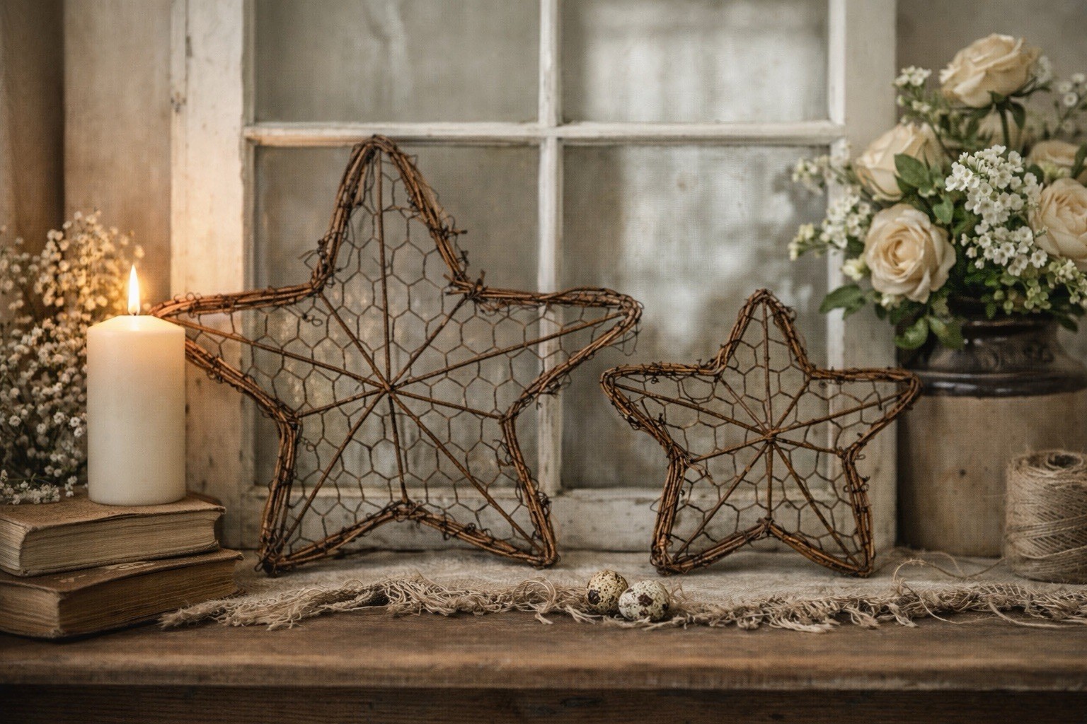 ~ Rustic Chicken Wire Star Wall Decor, Grapevine Frame, 8 Inch, 10 Inch Set 2