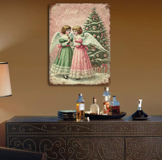 Shabby Chic French Country Angels Christmas Metal Wall Sign Home Decor 8 x 12