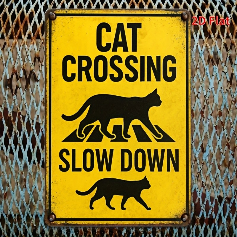 8×12 Inch Slow Down Cat Crossing Metal Sign Yellow Black Cat