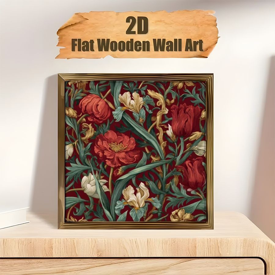 Vintage Red Floral Pattern Wooden Frame Sign Rich Red Green Botanical Wall Art