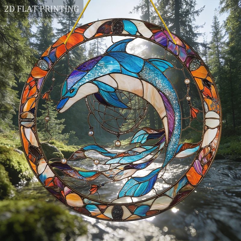 Multicolor Glass Style Acrylic Sun Catcher, Dolphin and Ocean Home Decor