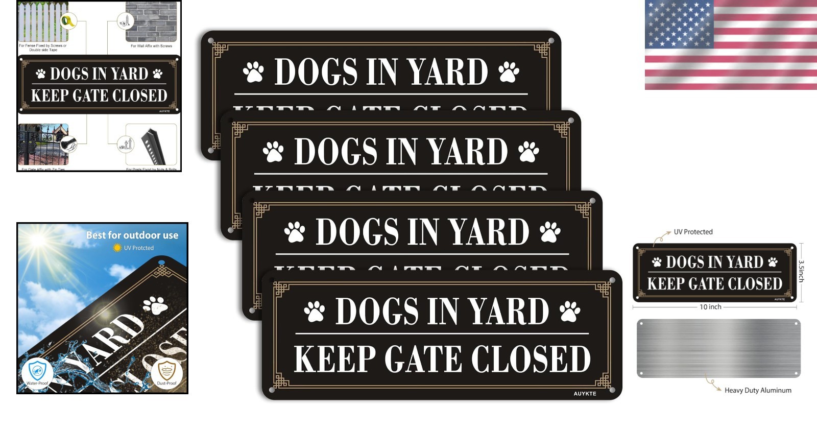 4 Pack Reflective Aluminum Signs: Dogs in Yard, Keep Gate Closed – 10×3.5 in