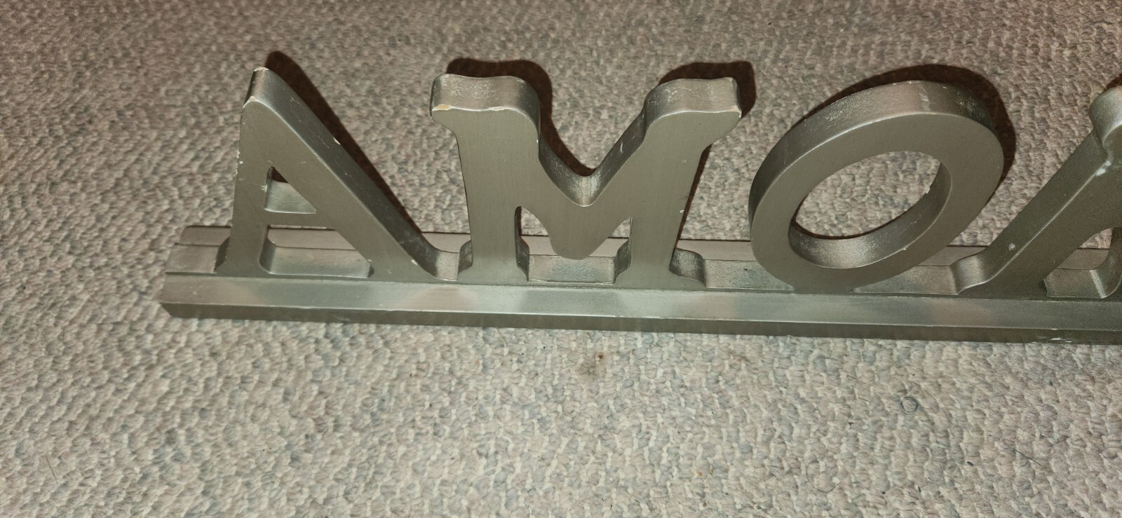 Wood Free Standing Amore Sign Gray Plaque 27.5 Inches Long Love Dispaly