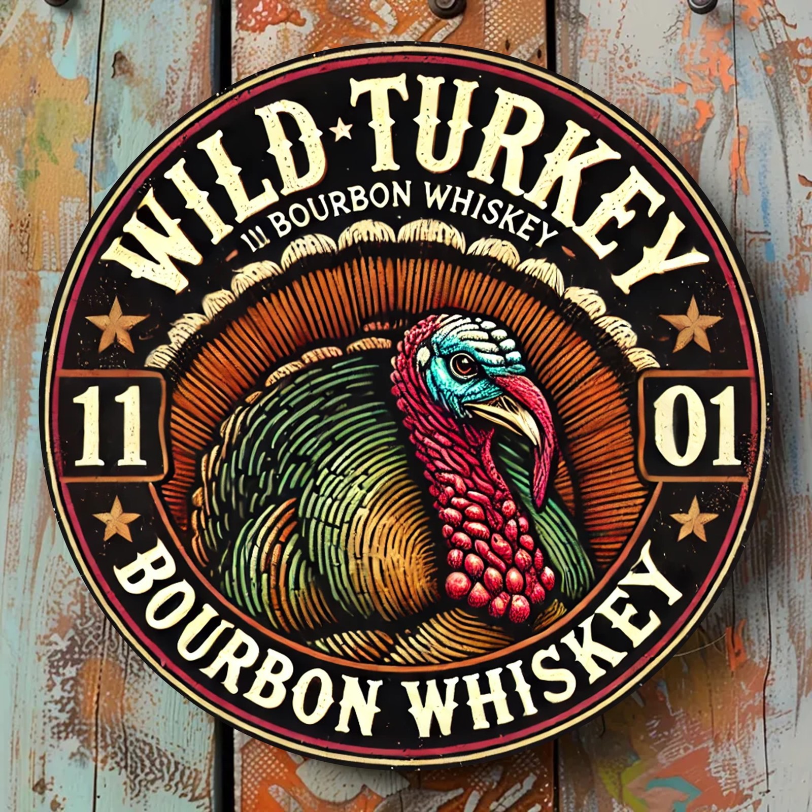 [2D Flat] Wild Turkey Bourbon Whiskey Round Tin Metal Signs – 8×8 Inch Al