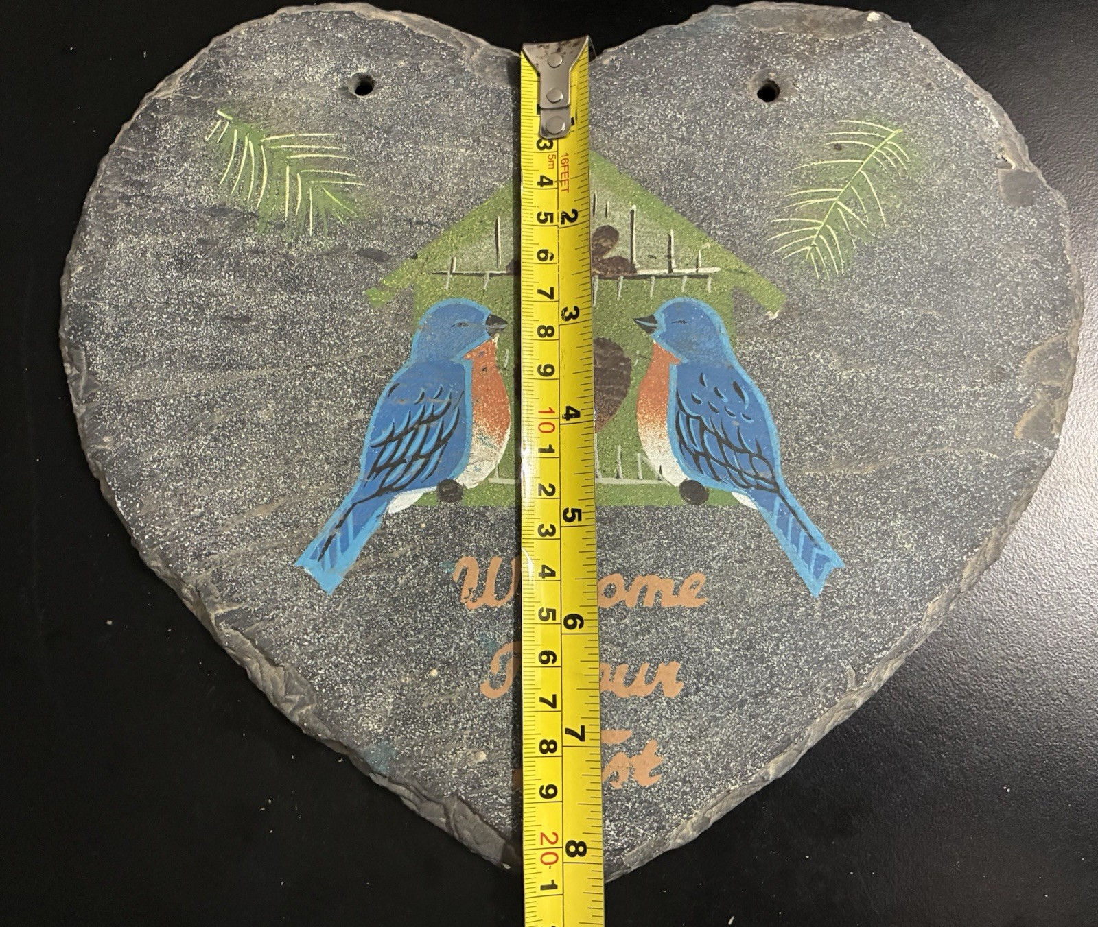 Vintage BLUEBIRDS Hand Painted Slate Stone WELCOME Wall/Door Sign GARDEN ART EUC
