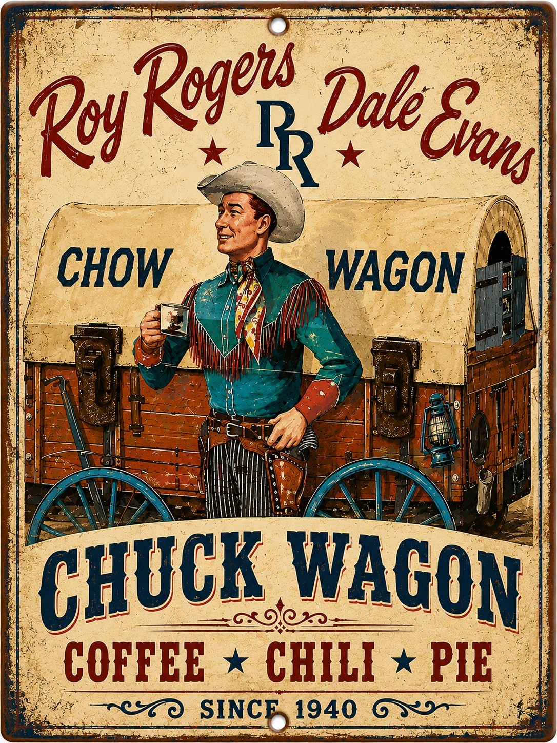 Roy Rogers Dale Evans Chuck Wagon Western Cowboy Coffee Metal Sign 8×12