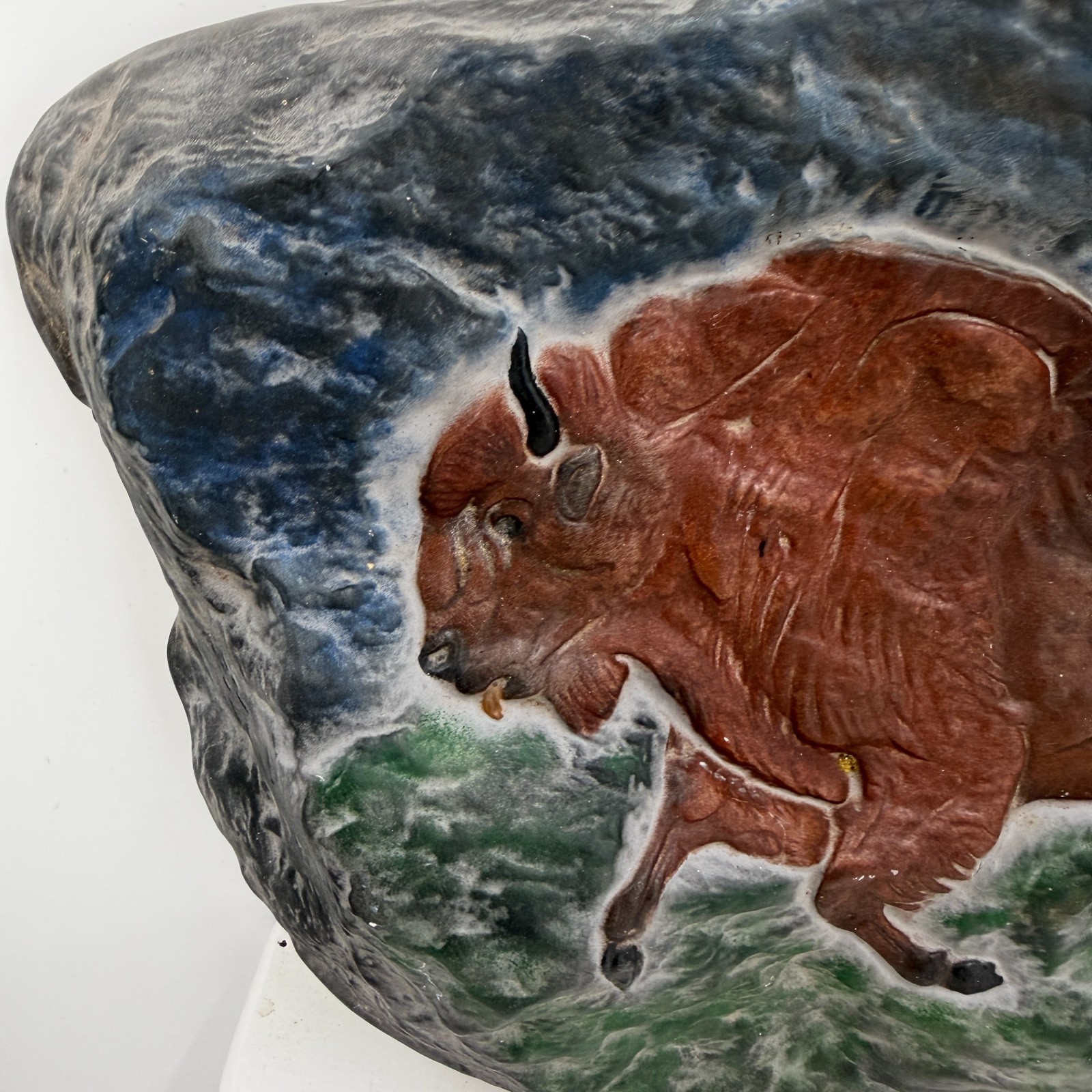 VTG Painted Buffalo Bison Relief Wall Plaque 9×5 Hand Painted Plaster Art Decor