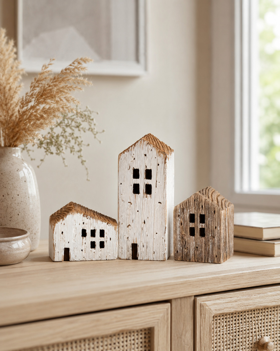 Primitives by Kathy Rustic Wood Houses Sitter Set of 3 Beach Coastal Figurine