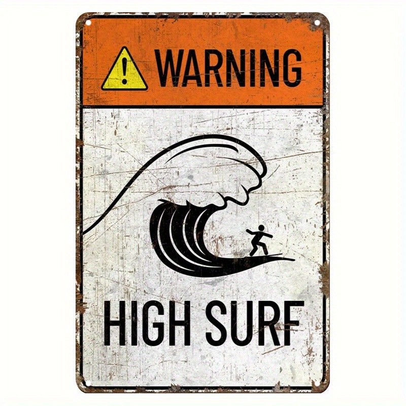 Rustic Distressed Metal Sign Warning High Surf Wave Surfer Beach Wall Decor