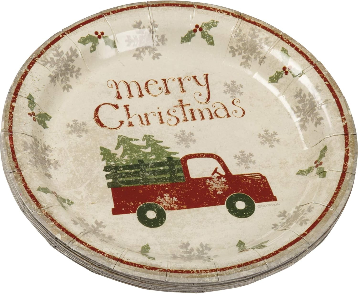 Primitives Red Truck Merry Christmas Disposable Paper Plates 7-Inch, Set of 8