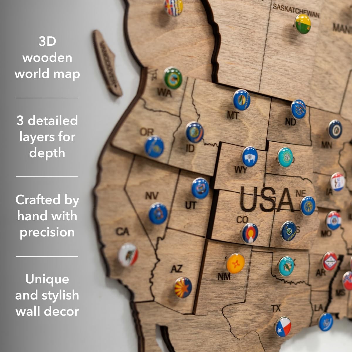 3D Wooden World Map Wall Art Large Travel Map with Pins for Art Decor Decor…
