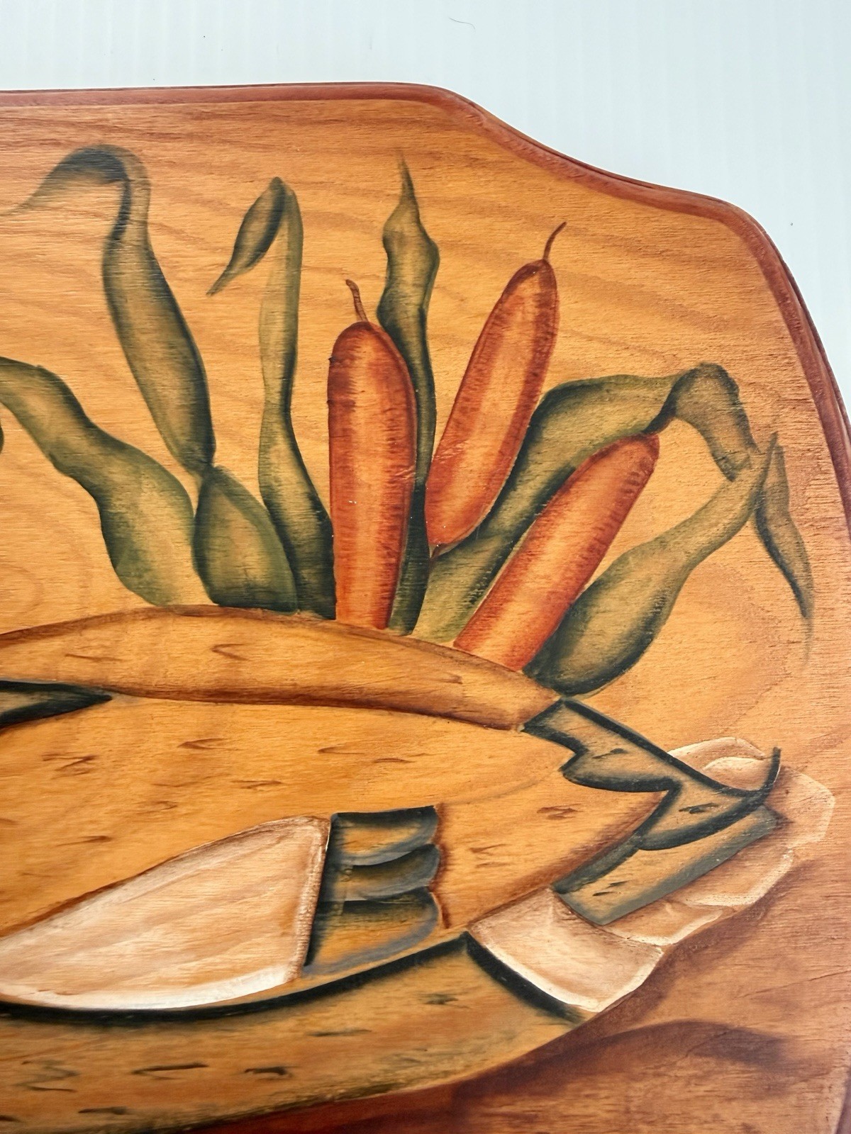 Vtg Hand Painted Wood Wall Plaque Cabin Decor Mallard Duck In Cattails 11.5×9”
